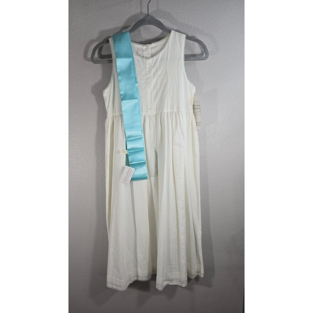 Strasburg Girls White Dress Embroidered Size 14Y w/ Blue Sash NWT flower girl